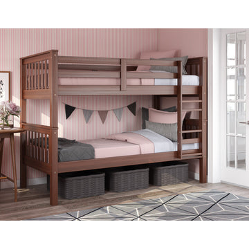 100% Solid Wood Mission Twin Over Twin Bunk Bed, Mocha