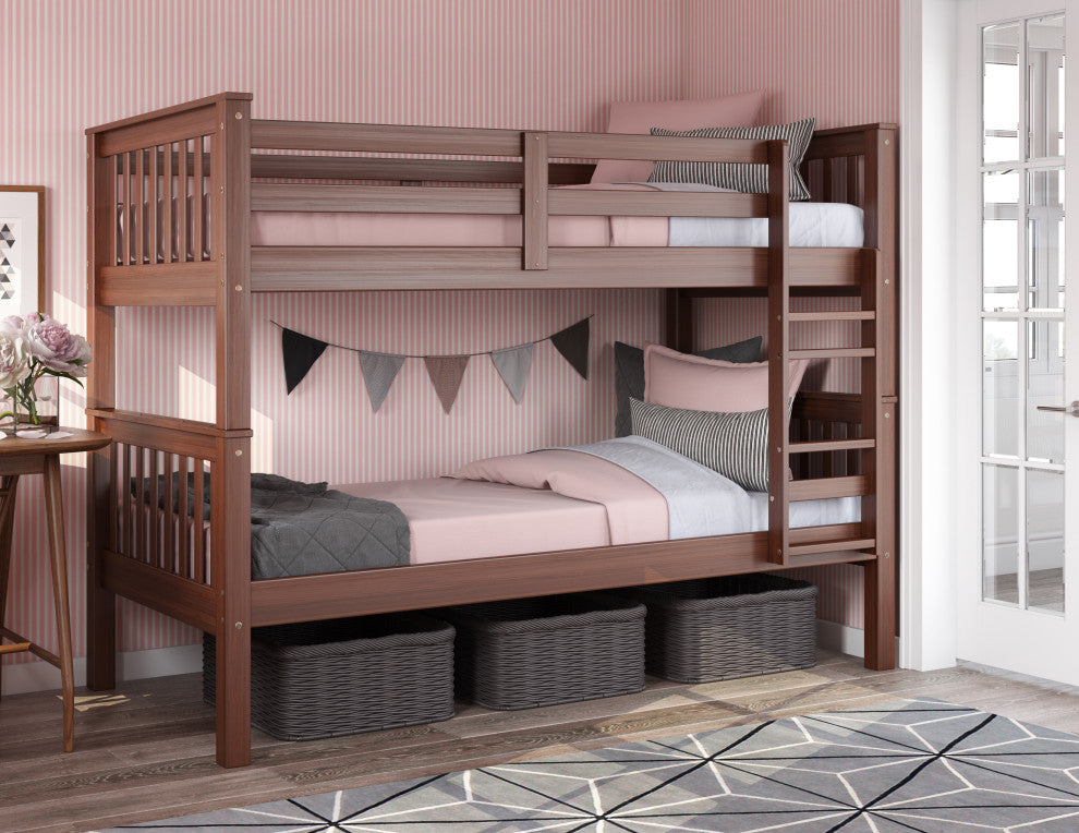 100% Solid Wood Mission Twin Over Twin Bunk Bed, Mocha