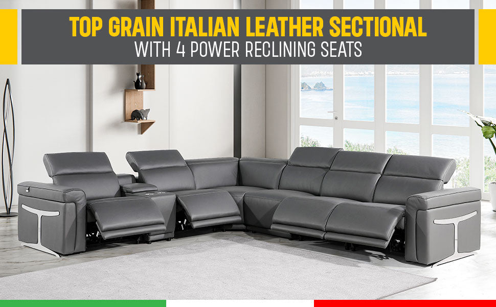 Giovanni 7-Piece 4-Power Reclining Italian Leather Sectional, Light Gray