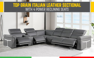 Giovanni 7-Piece 4-Power Reclining Italian Leather Sectional, Light Gray