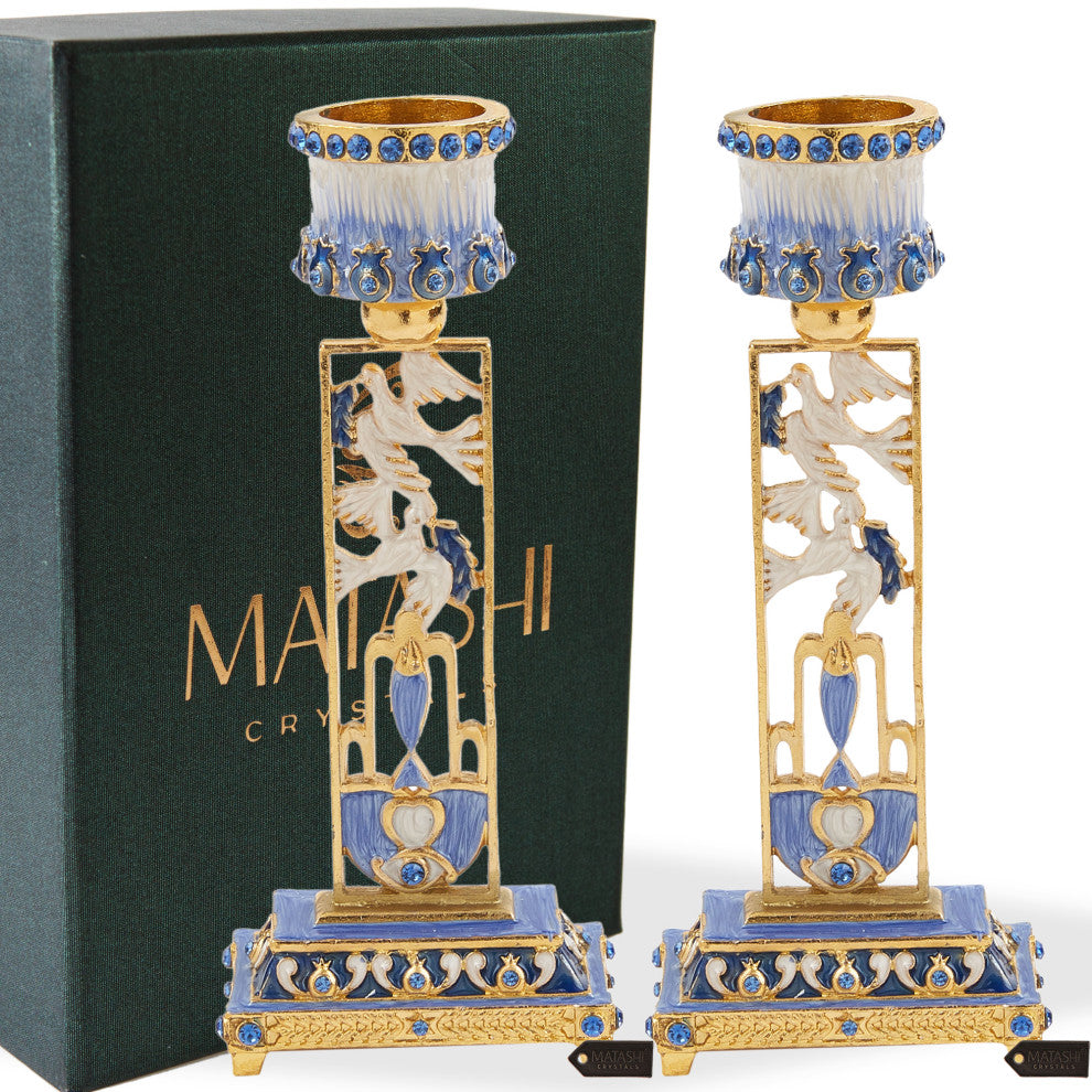 Matashi Shabbat Candlestick Holder (2-Piece Set) Hand-Painted Pewter(Blue)