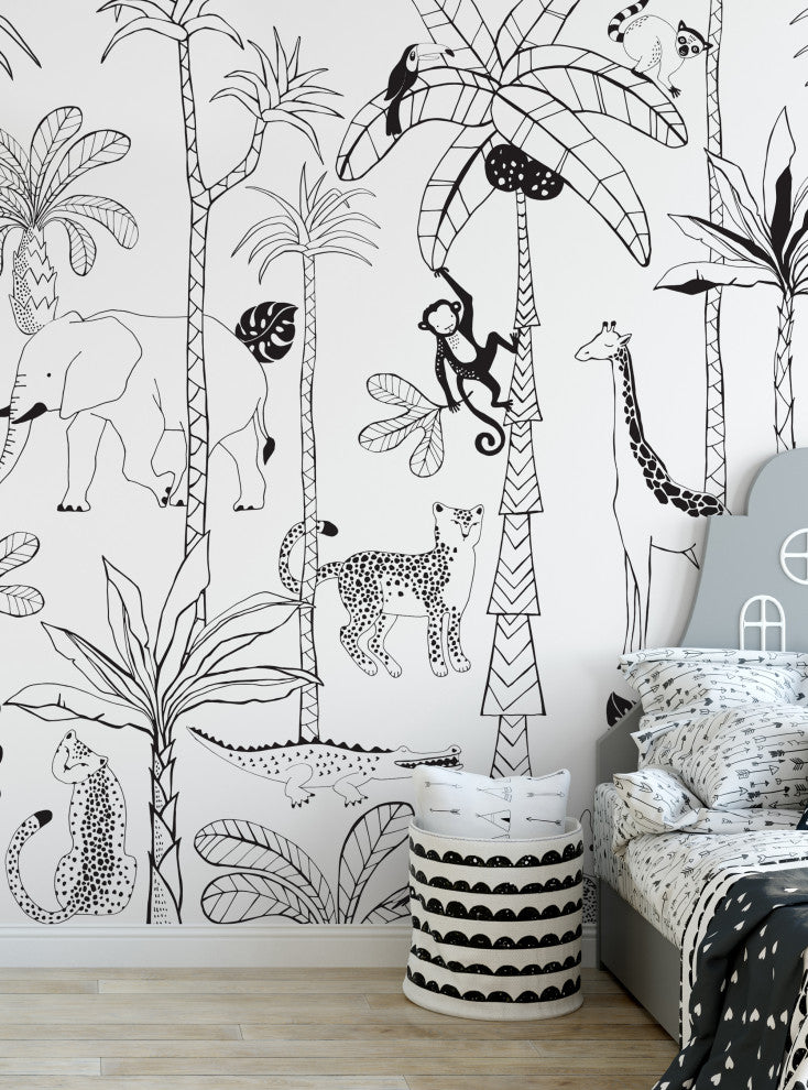 Safari Jungle Illustration Peel and Stick Vinyl Mural, Black, 24"x108", 6 Panel Set