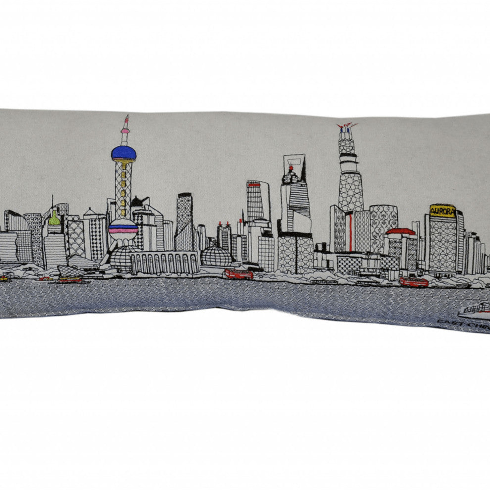 35" White Shanghai Daylight Skyline Lumbar Decorative Pillow