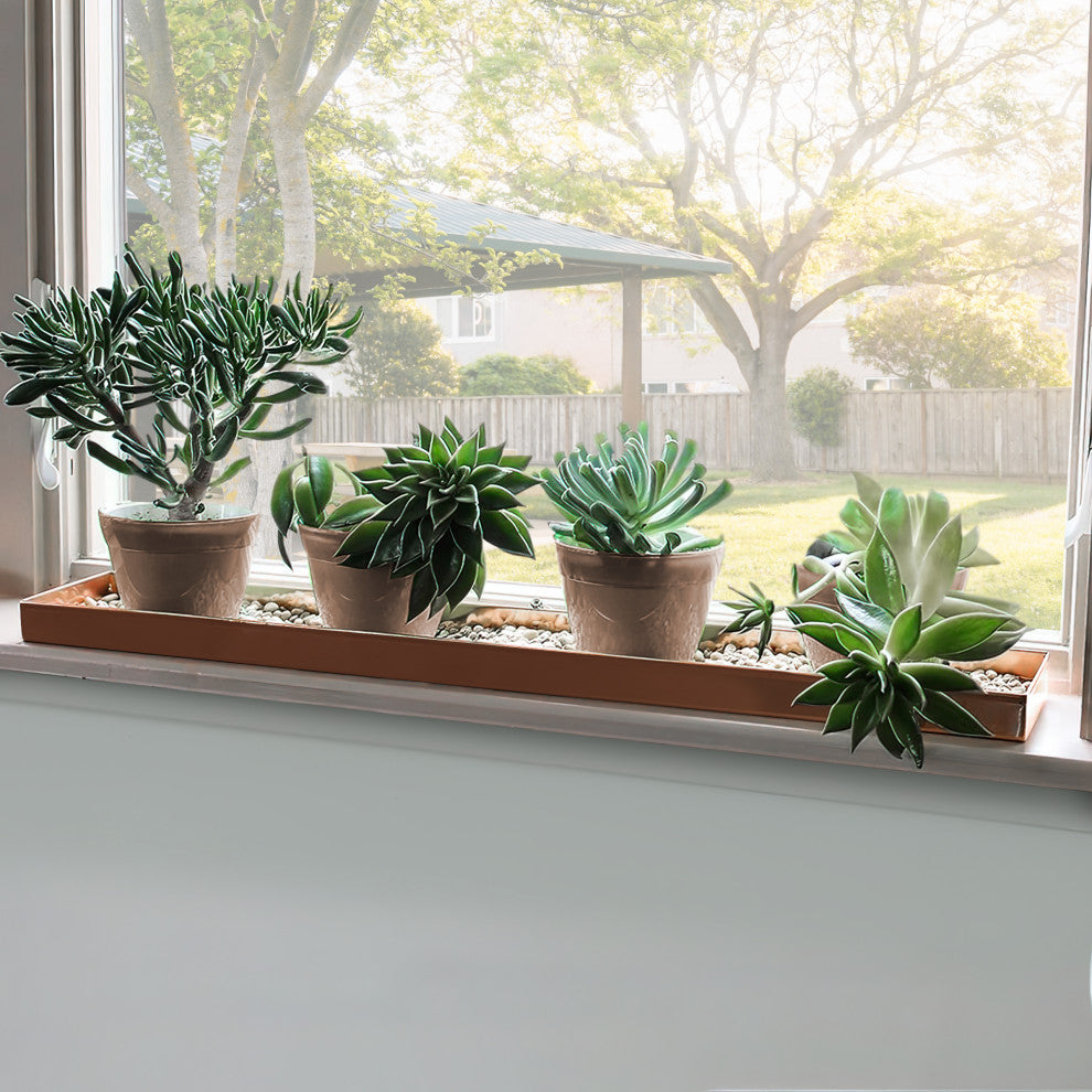 Benzara BM195220 Metal Window sill Plant Tray With Trim Edges, Large, Copper