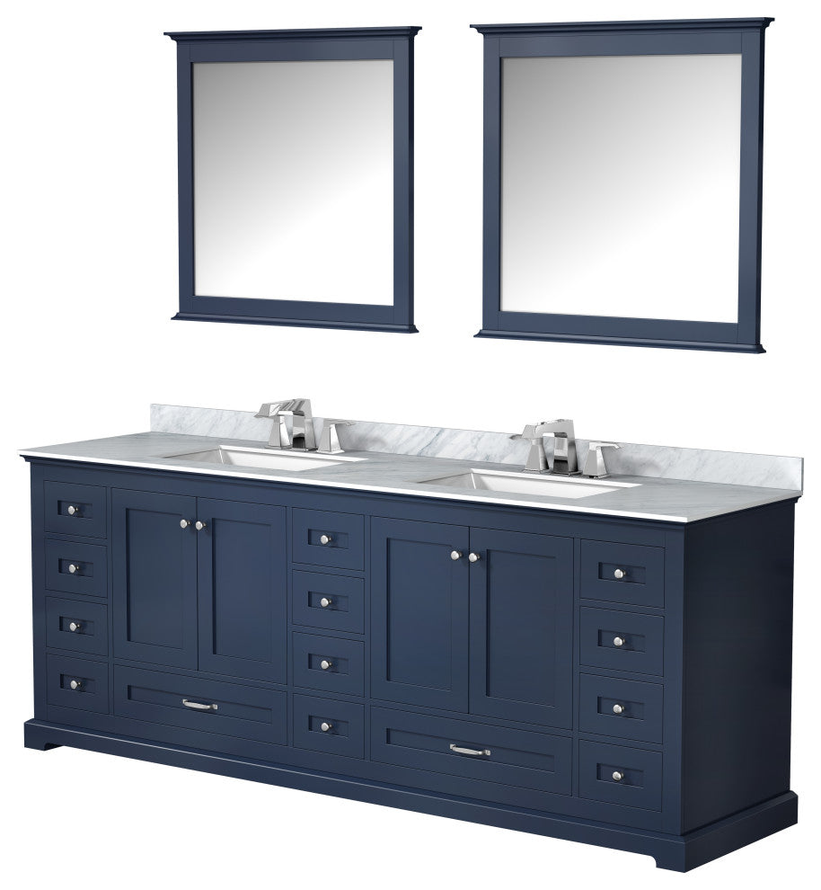 Dukes 84" Navy Blue Double Vanity, White Square Sinks, 34" Mirrors With Faucets