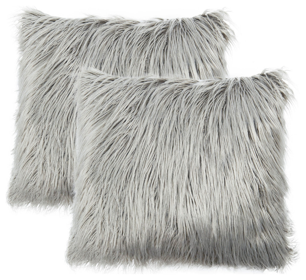 Mongolian Faux Fur Pillow Shell Set, Gray, 26"x26"