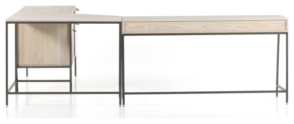 Trey Desk System With Filing Credenza Dove Poplar, Natural Iron, Toffee Leather