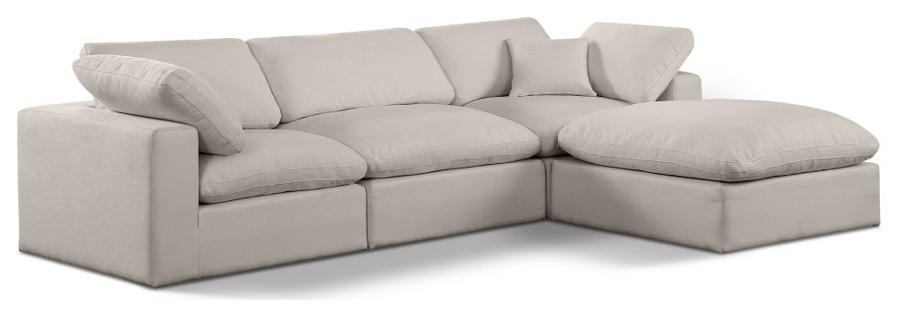 Comfy Upholstered L-Shaped Modular Sectional, Beige, 4-Piece: 1 Armless Chair, 2 Corner Chair, 1 Ottoman, Linen Textured Fabric