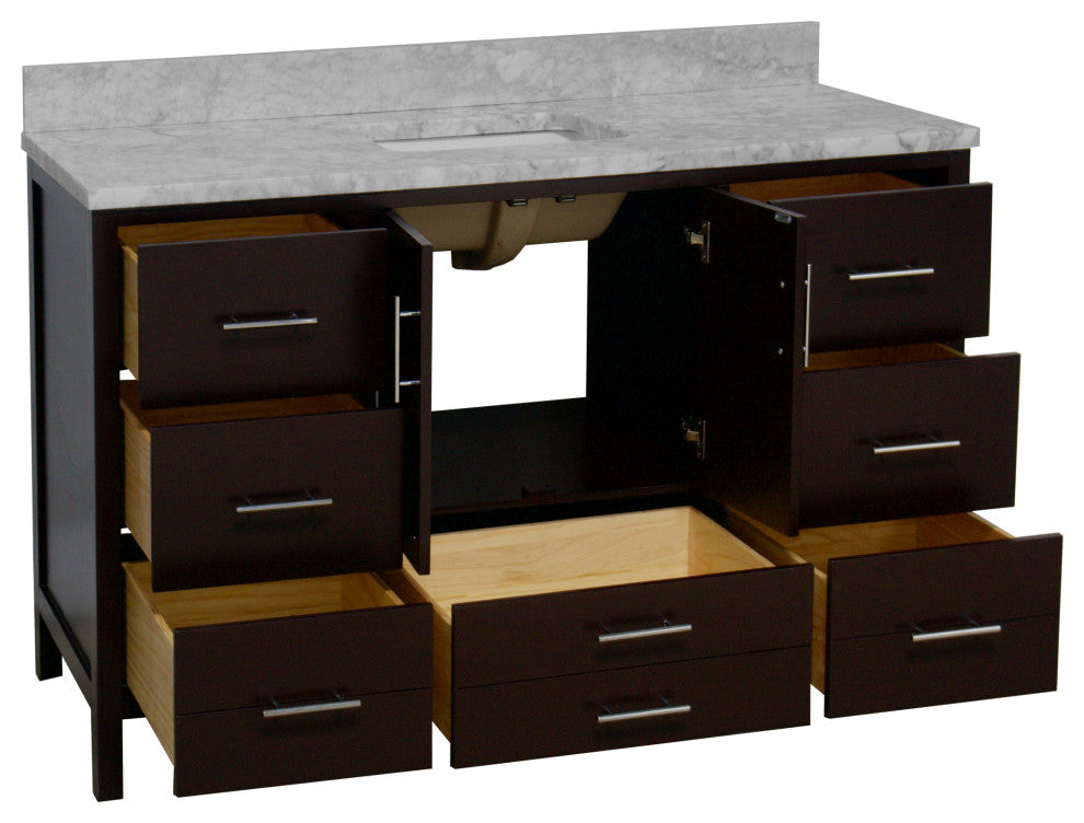 California 60" Bathroom Vanity, Chocolate, Carrara Marble, Single
