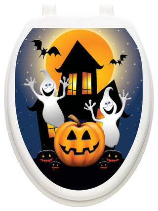 Ghost House Toilet Tattoos Seat Cover, Vinyl Lid Decal, Halloween Bathroom, Elongated