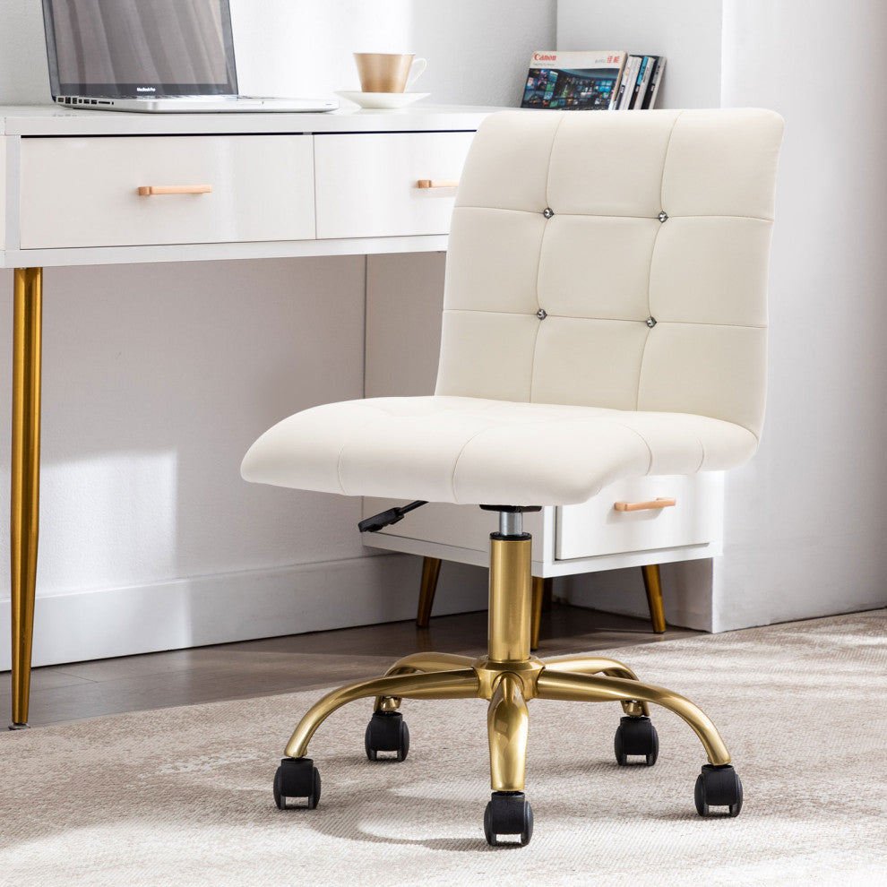 Rhinestone Square Tufted Desk Chair, White-Pu