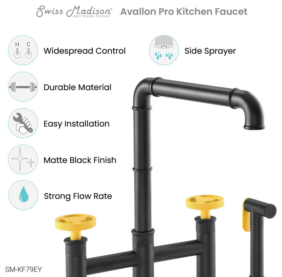 Avallon Pro Widespread Kitchen Faucet With Side Sprayer, Matte Black/Yellow