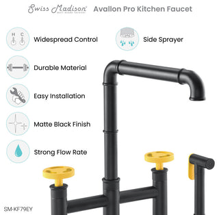 Avallon Pro Widespread Kitchen Faucet With Side Sprayer, Matte Black/Yellow