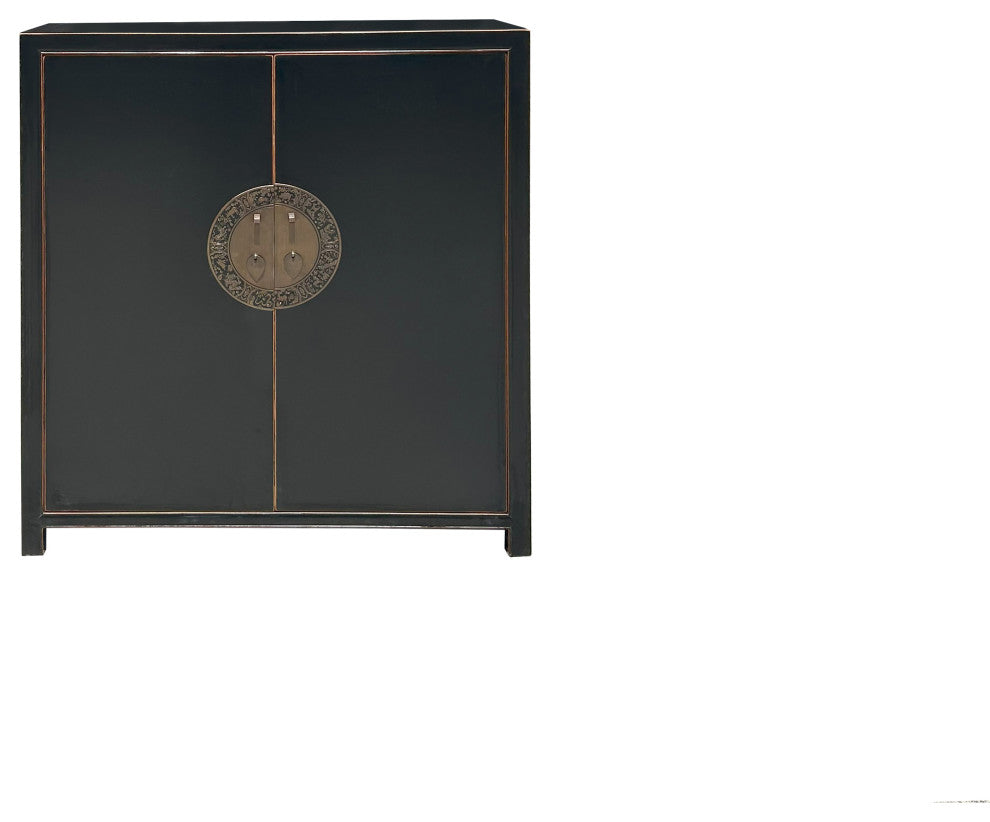 Black Lacquer Zodiac Moon Face Hardware Credenza Storage Cabinet