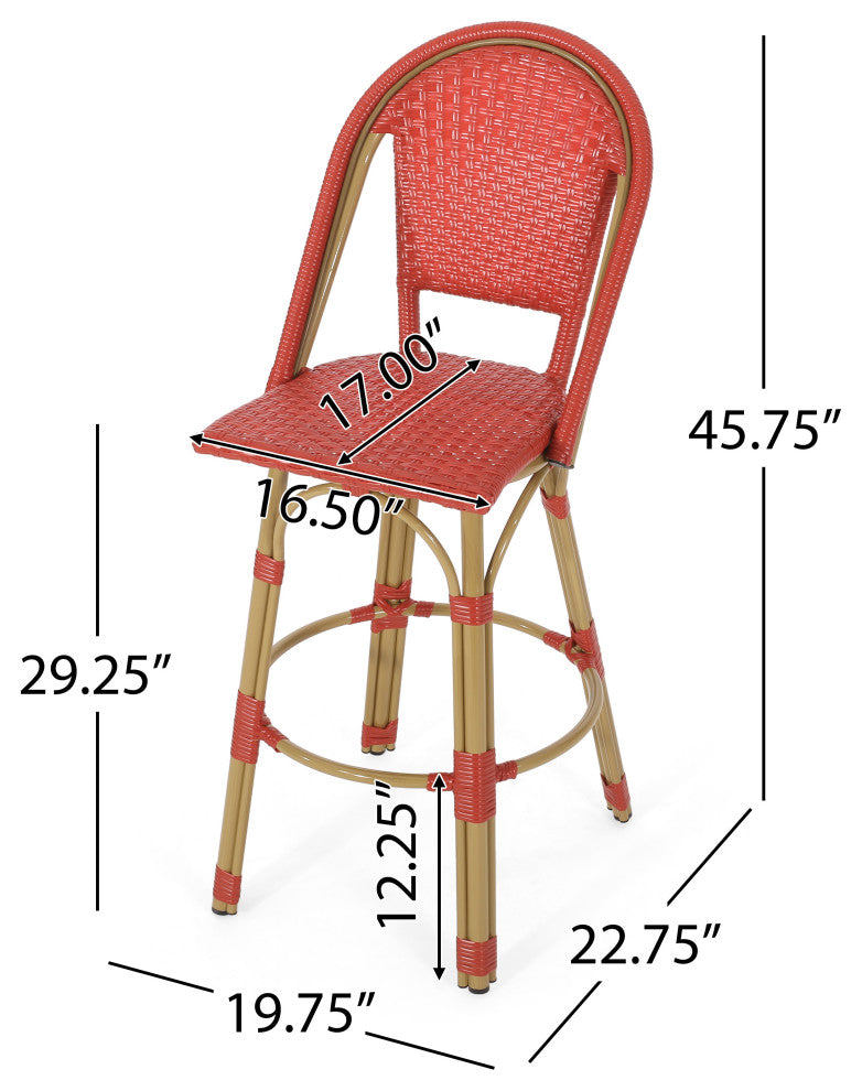 Cotterell Outdoor French Wicker and Aluminum 29.5" Barstools, Set of 4, Red/Bamboo Finish