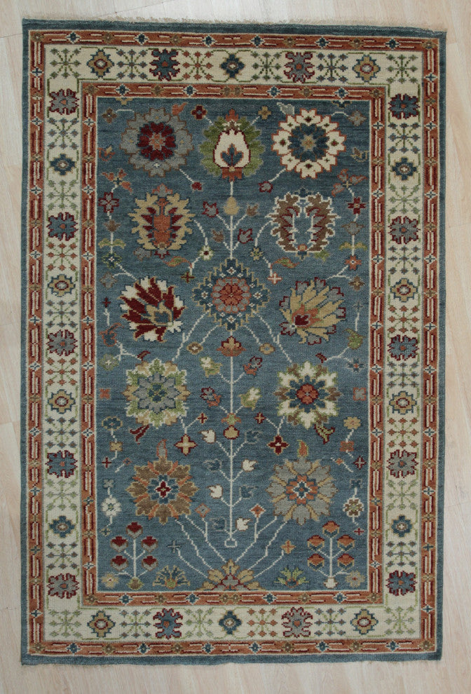 Hand-Knotted Wool Blue/Ivory Traditional All Over Traditional Knot Rug, 10'x14'