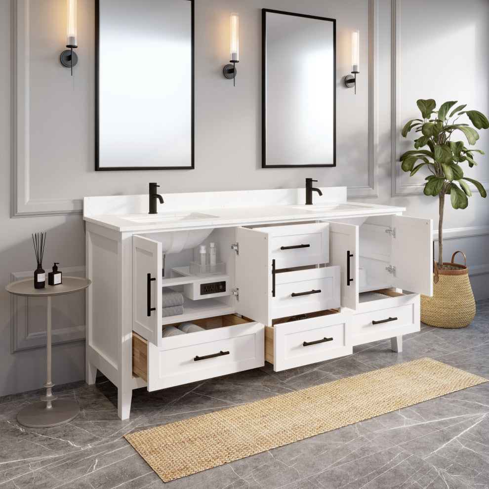 Houston 72" Double Vanity With Power Bar and Drawer Organizer, White