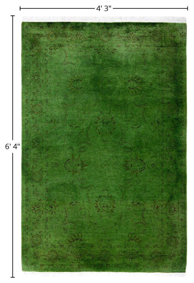 Overdyed One-of-a-Kind Hand-Knotted Area Rug Green, 4' 3" x 6' 4"