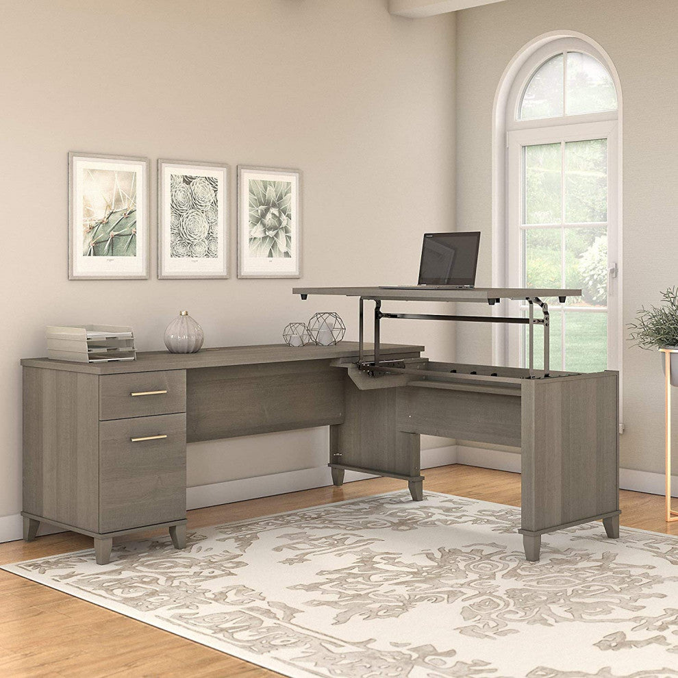 Unique Desk, L-Shaped Design With Rectangular Top and Lift Desktop, Ash Grey