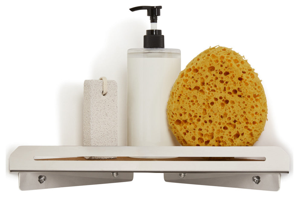 Floating Corner Shower Shelf With Natural Teak Wood, Polished