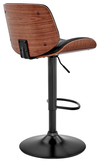 Brock Adjustable Black Faux Leather and Walnut Wood Bar Stool With Black Base