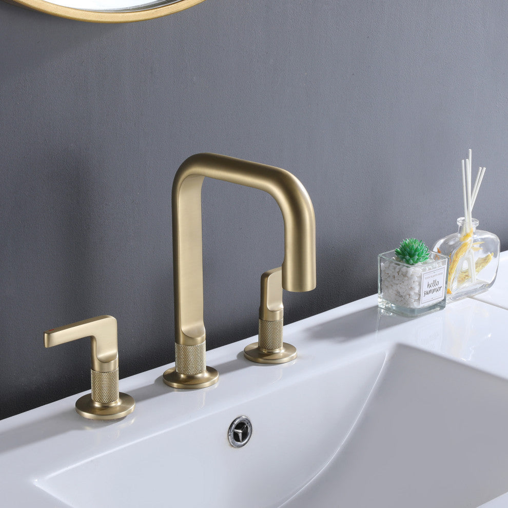 Deck Mounted Widespread Dual Handles Bathroom Sink Faucet, Brushed Gold