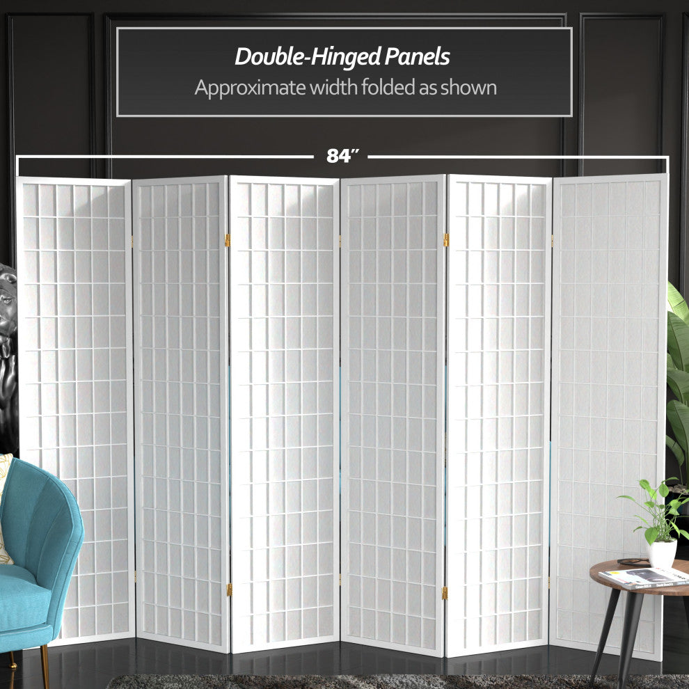 6' Tall Window Pane Shoji Screen, White, 6 Panels