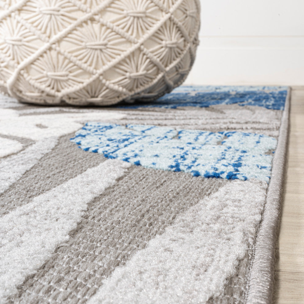 Monstera Tropical Leaf High-Low Indoor/Outdoor Area Rug, Light Gray/Navy, 3 X 5