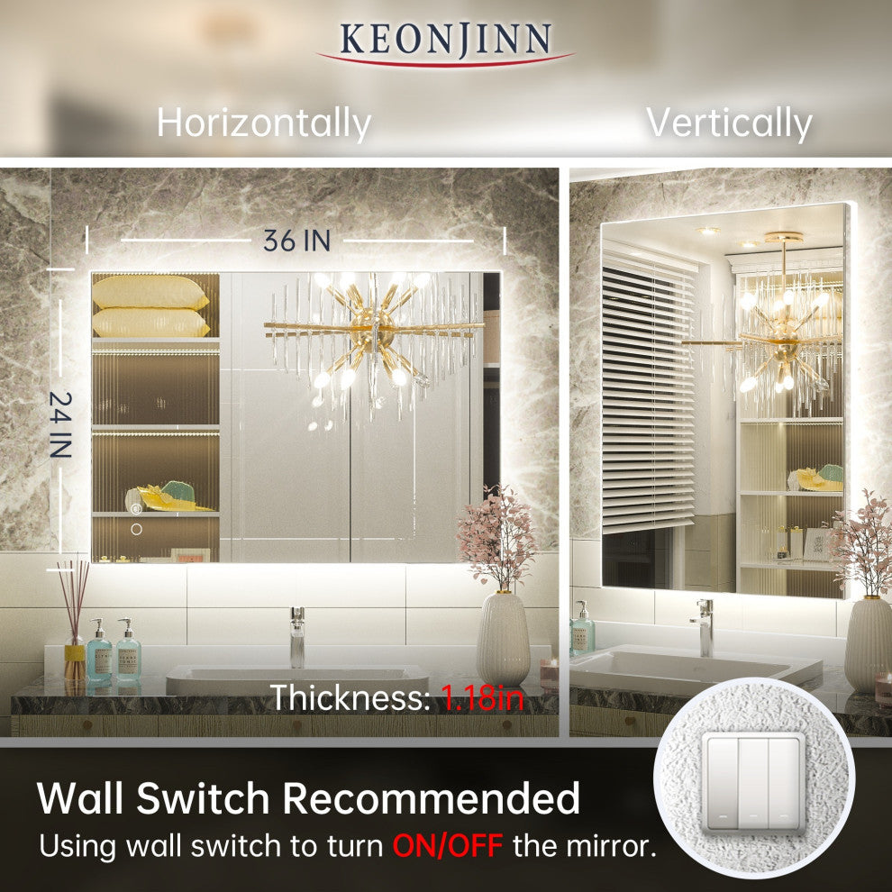 Backlit 3-Color LED Mirror for Bathroom, Anti-Fog Dimmable, 24x36