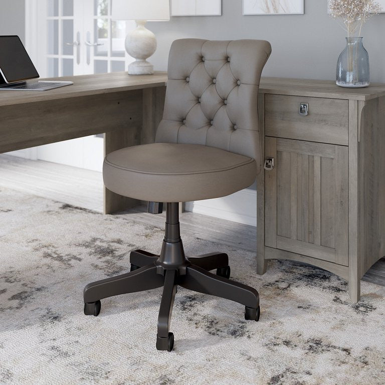 Swivel Office Chair, Armless Seat & Button Tufted Back, Washed Gray Pu Leather