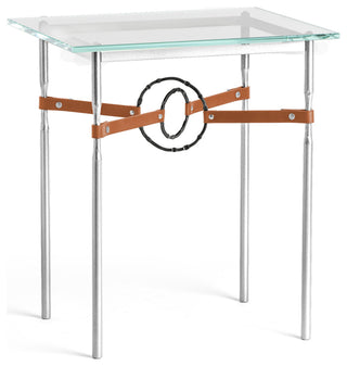Equus Side Table, Sterling Finish, Black Accents, Chestnut Leather Strap