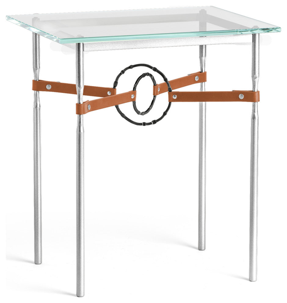 Equus Side Table, Sterling Finish, Black Accents, Chestnut Leather Strap