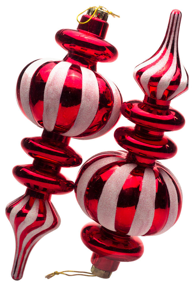 2Pk Red Finial Ornament With White Glittered Stripes