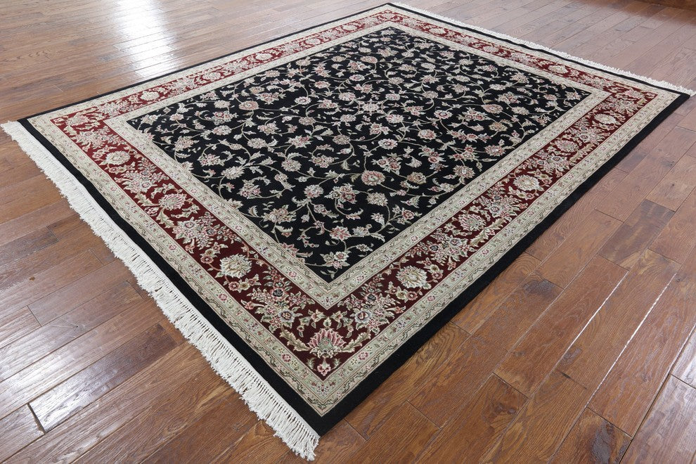 8'x10' Black Herati Design Floral Wool & Silk Tabriz Hand Knotted Area Rug H8798