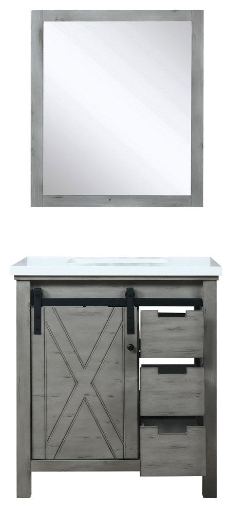 Marsyas 30" Ash Gray Single Vanity Cabinet Quartz Top Sink, 28" Wall Mirror