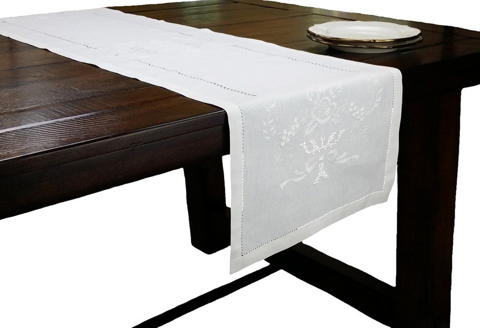 Florals Embroidered Hemstich Vase Table Runner 15"x54In