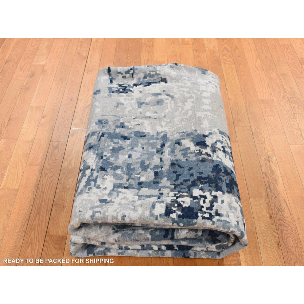 Arsenic Gray Hand Knotted Erased Circles Design Wool and Silk Rug 9'3"x12'