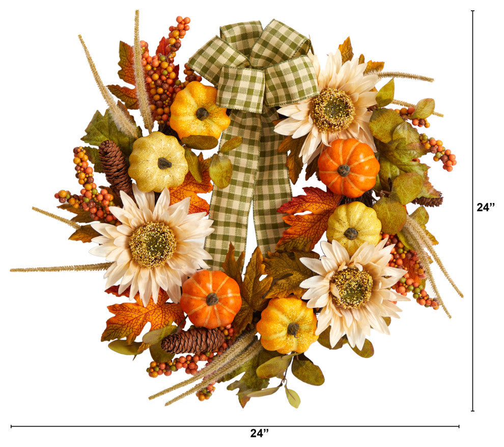 24" Fall Pumpkin, Sunflower Artificial Autumn Wreath With Decorative Ribbon