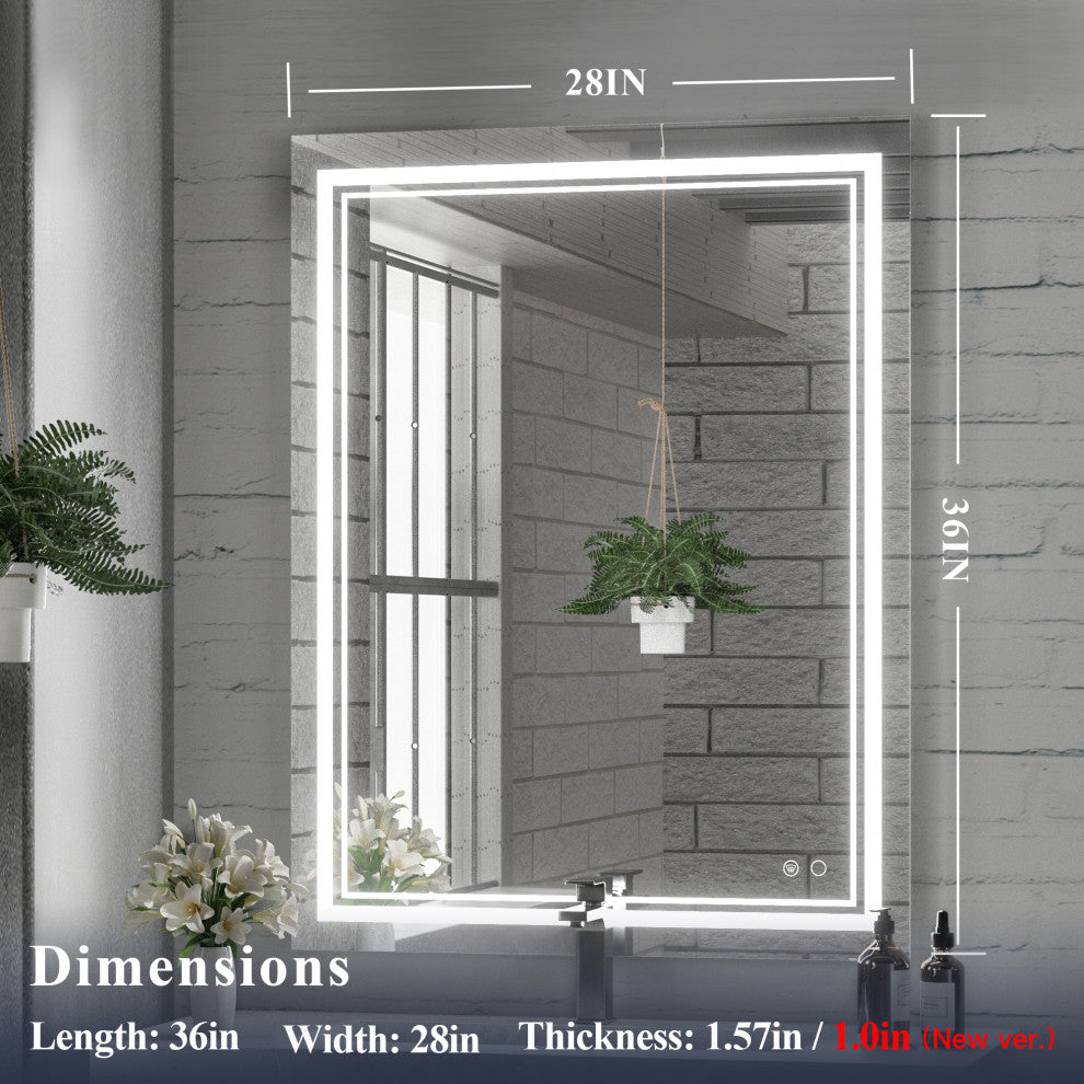 LED Bathroom Mirror, Anti-Fog Memory Dimmable IP54 Waterproof, 28"x36"