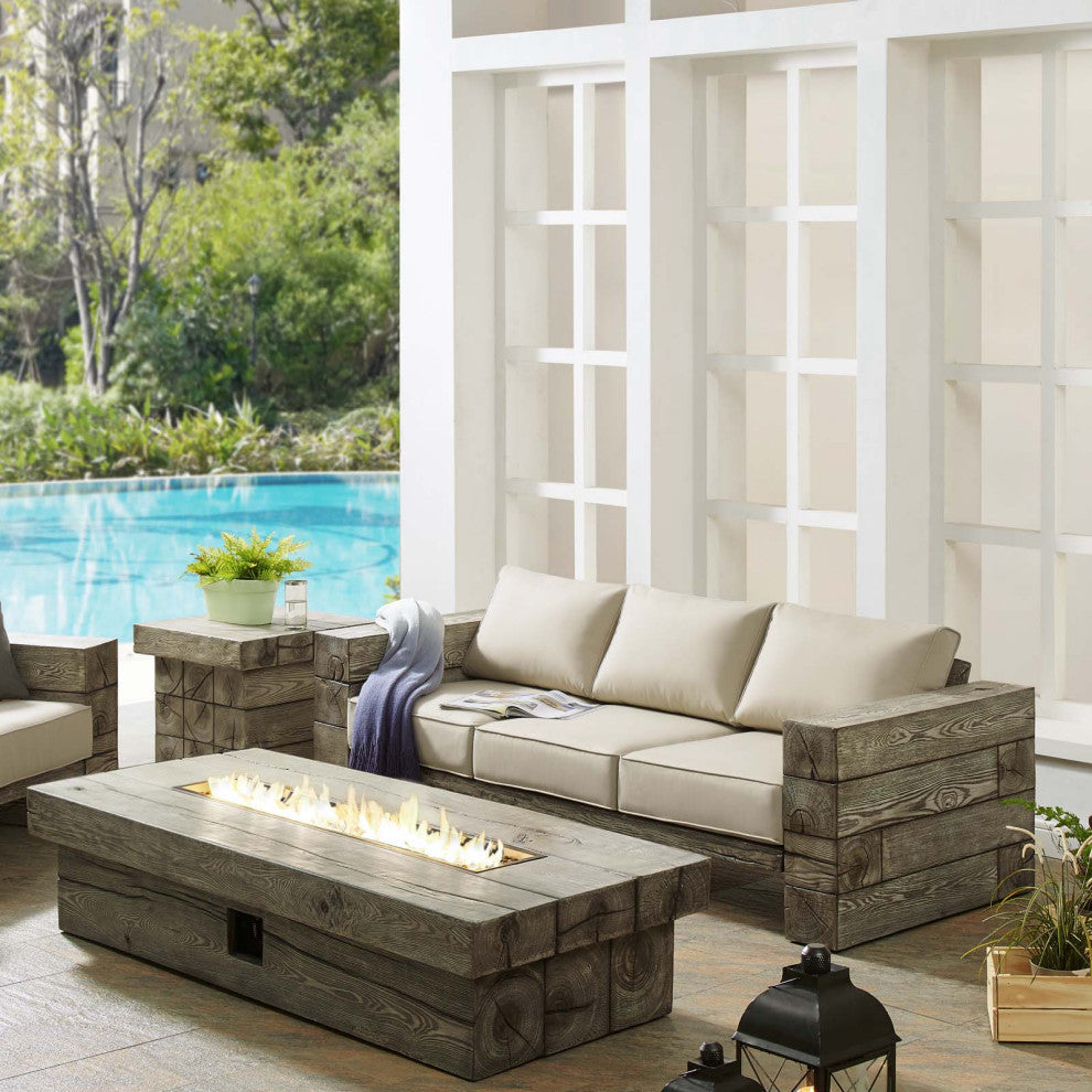 Lounge Sofa Table Set, Sunbrella, Simulated Wood, Gray Beige, Outdoor