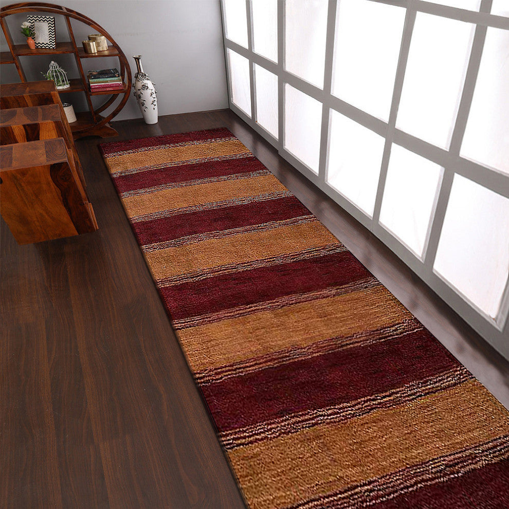 HAND KNOTTED LOOM WOOL ECO-FRIENDLY AREA RUGS - Runner, Red Gold, Contemporary