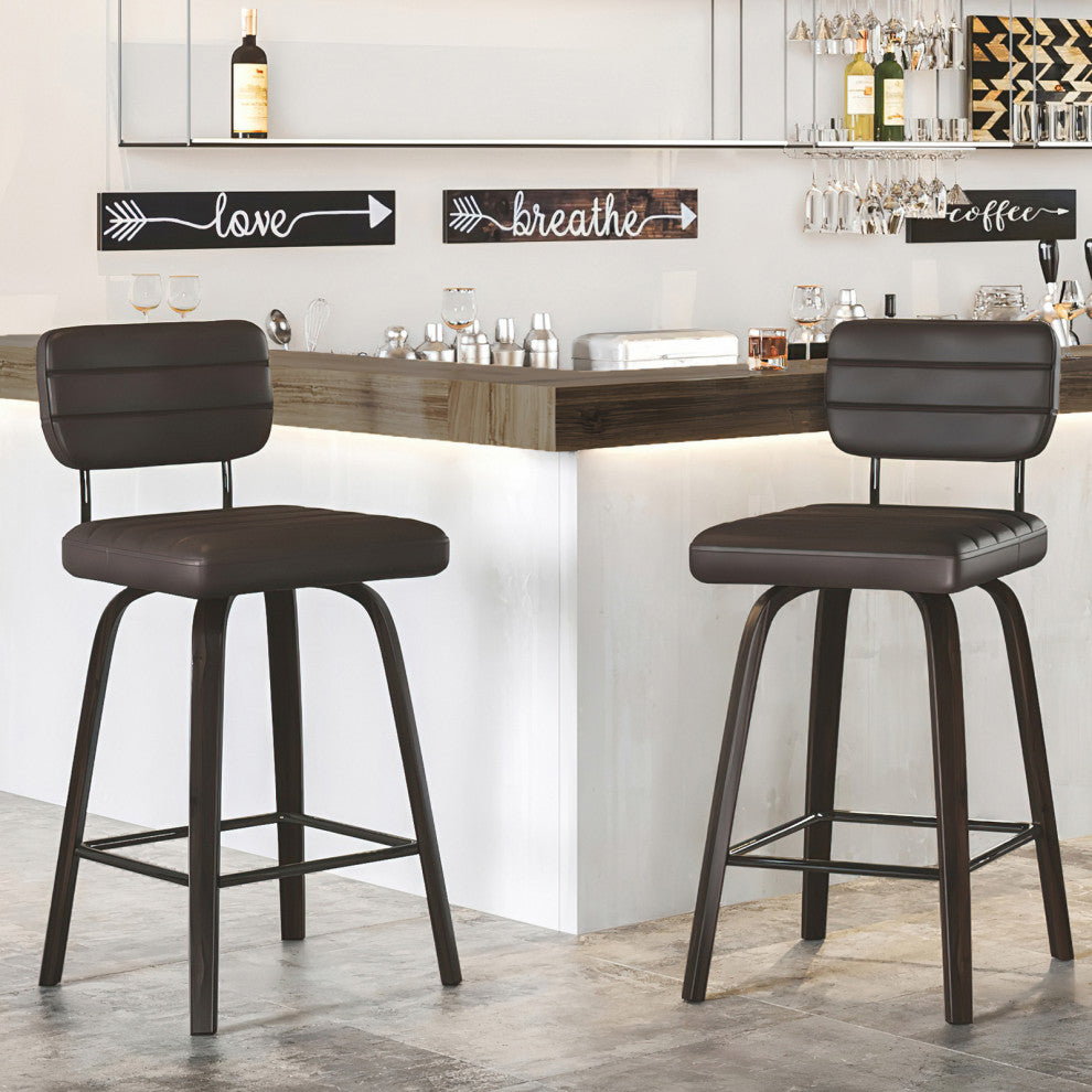 Swivel Bar Stool Leather Bar Stool, Wood Legs, Counter Height, Pu, Set of 2, Brown, 26"