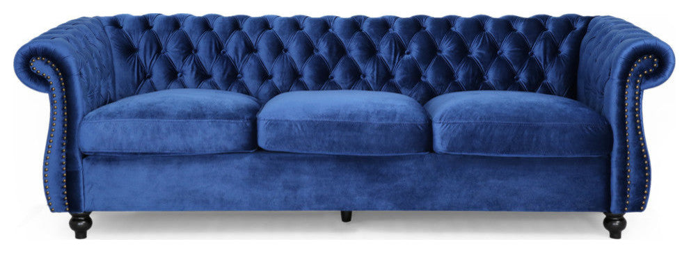 GDF Studio Vita Chesterfield Tufted Jewel Toned Velvet Sofa With Scroll Arms, Navy Blue
