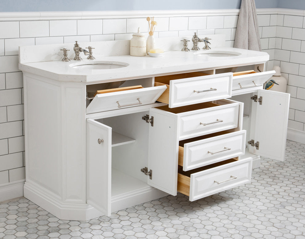 72" Palace Quartz Pure White Vanity With Hardware, Faucets in Polished Nickel