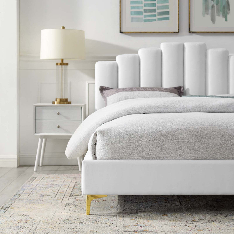Platform Bed Frame, Queen Size, Velvet, White, Modern Contemporary, Bedroom