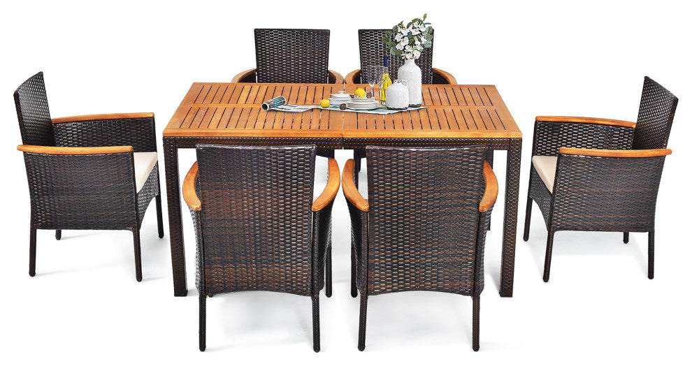 Costway 7PCS Patio Rattan Dining Set Armrest Cushioned Chair Wooden Tabletop