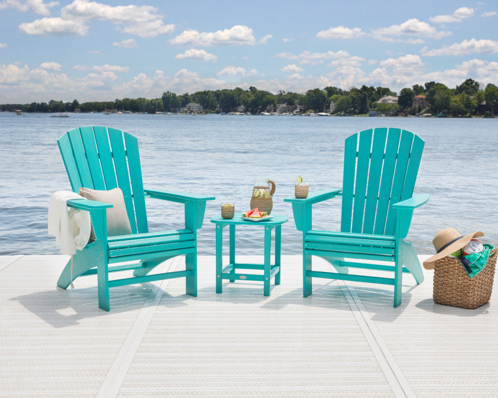 POLYWOOD Nautical 3-Piece Curveback Adirondack Set, Pacific Blue