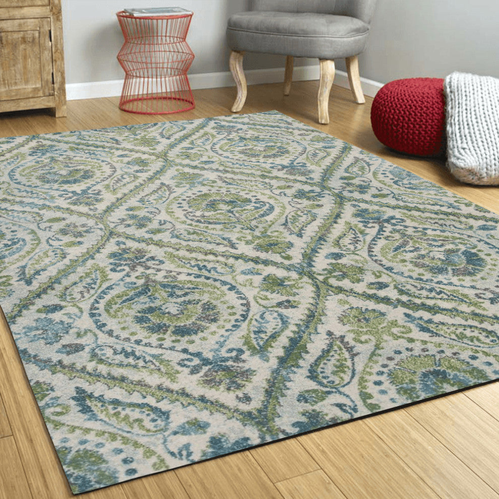 3' X 5' Green And Ivory Ogee Area Rug