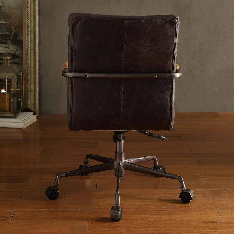 Midcentury Office Chair, Top Grain Leather Seat With Channel Back, Antique Ebony