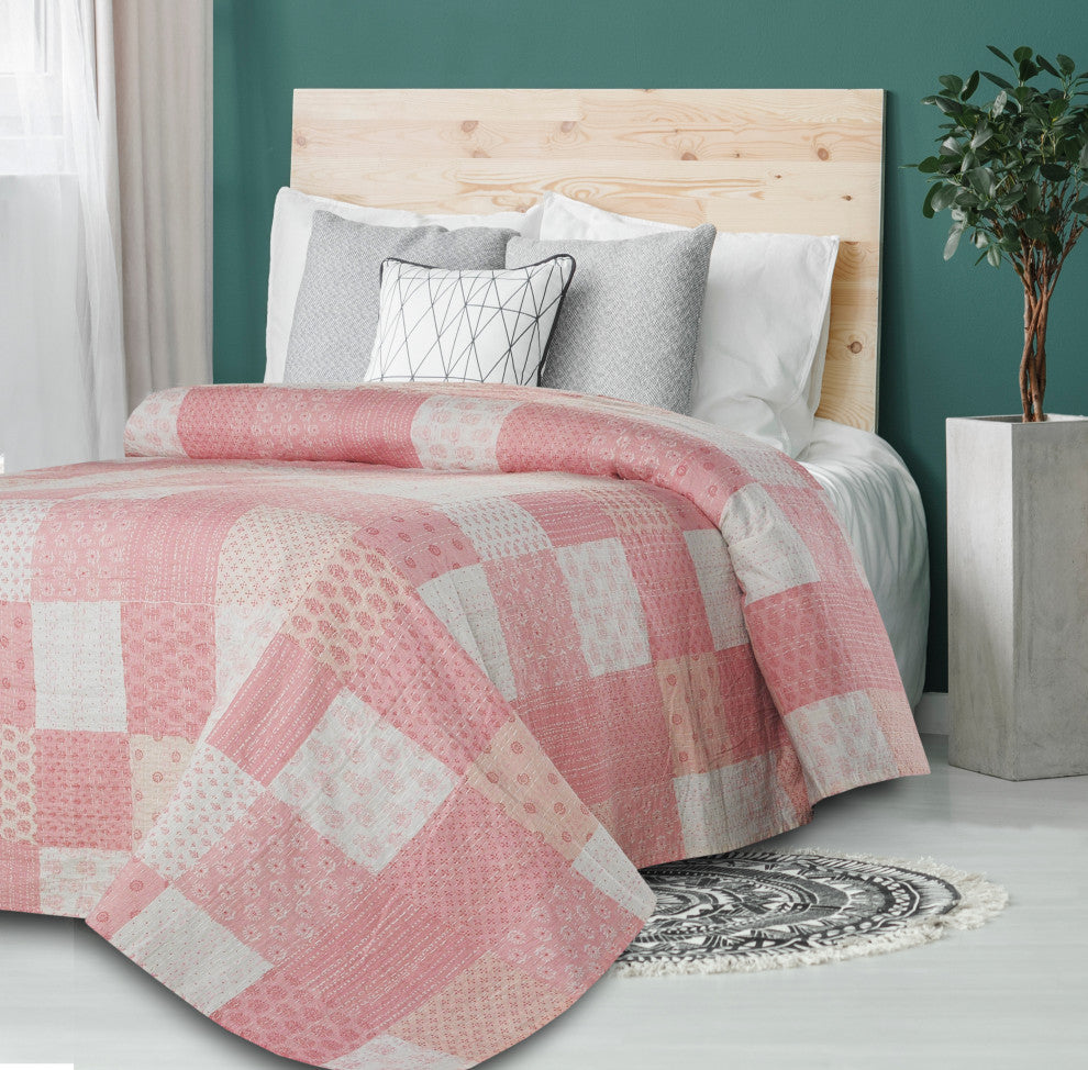 Soft Pink Kantha Coverlet, King 9'2"x8'